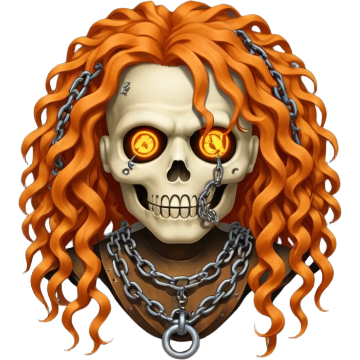 steam-punk Megadeth - iconic corpse made of rusty metal with chains on its teeth, huge curly orange hair emoji
