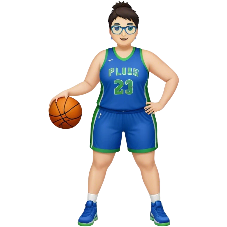 Full Body plus size white female basketball player with short dark hair with highlights spike hair wearing blue glasses  wearing blue green uniform smiling emoji