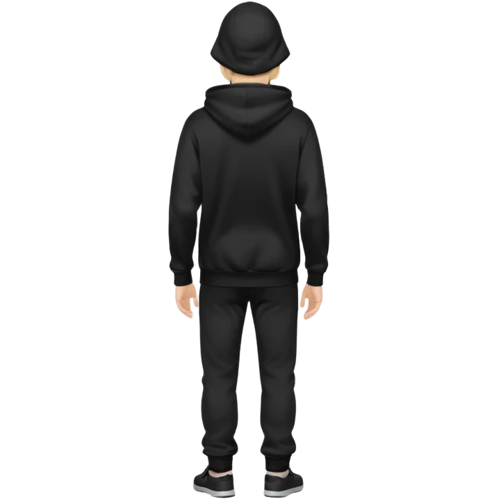 fullbody Mysterious shy caucasian man in black hoodie on head, hands in pockets and black pants rear backview emoji