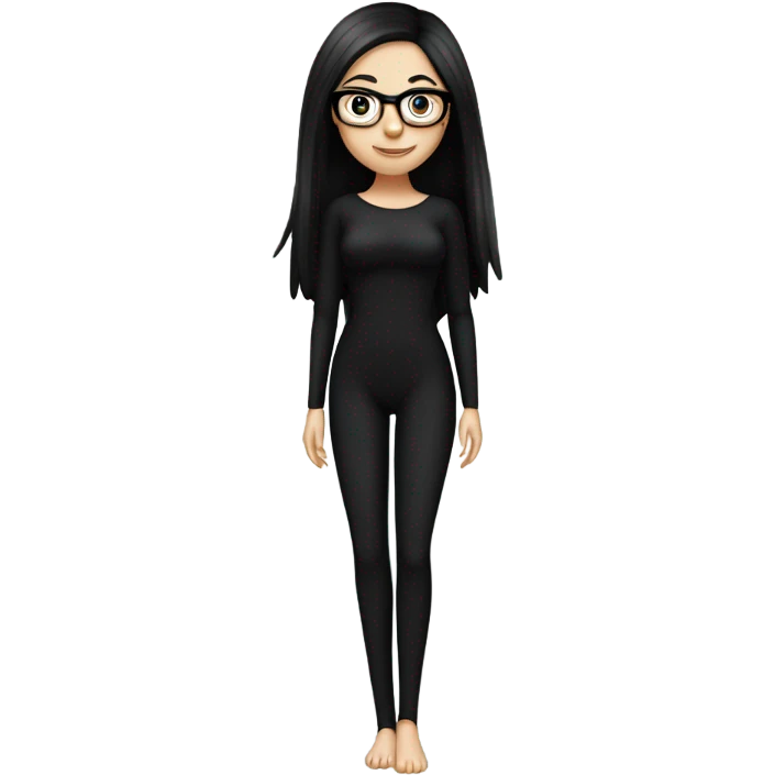 White girl with long straight black hair wearing a black bodysuit and glasses full body emoji