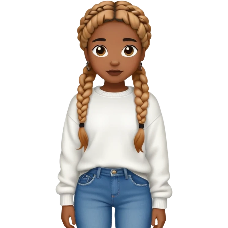 average height girl, caramel black with a white sweater, black bag, baggy jeans and braids emoji