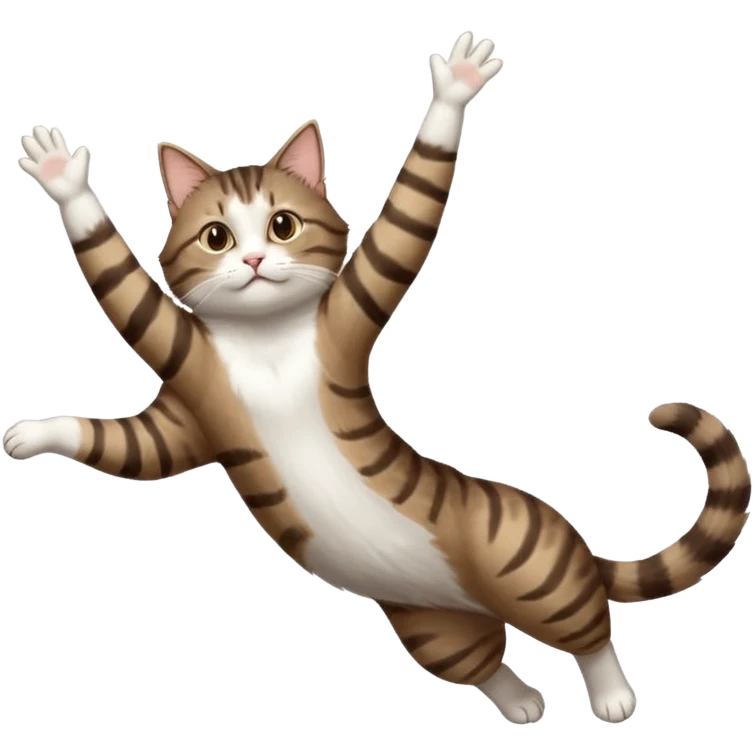 dark brown tabby and white cat with doing a big extremely long stretch reaching up into the air with arms and legs side by side together straight and overextended whilst lying on its side emoji