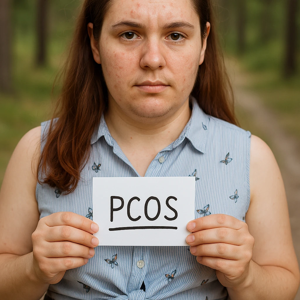 Realistic woman with PCOS inspired by the reference photo, mild acne on face, facial hair on chin, slightly thinning hair, similar clothing, natural environment, hyperrealistic 4K details. emoji
