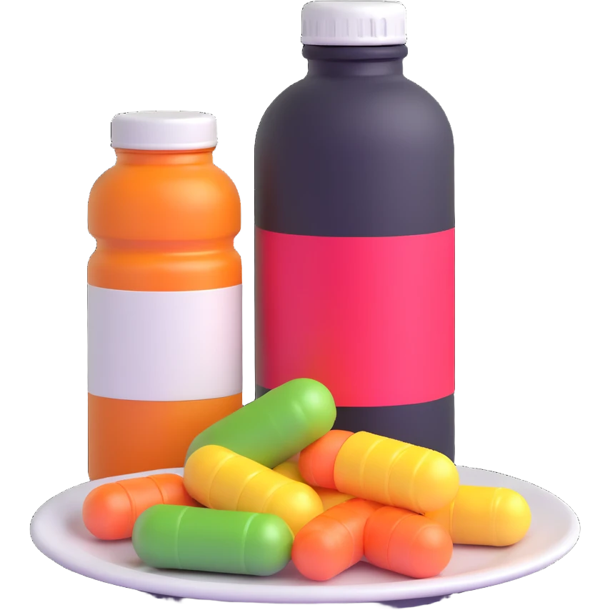 bottle of supplements next to an empty plate emoji