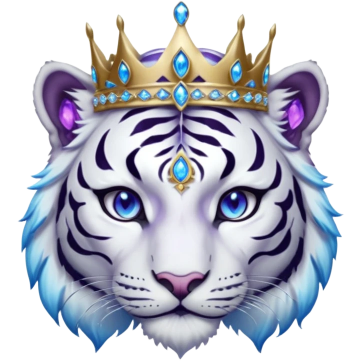 ESO Female white/black tiger khajiit leader of the umbral rose, glowing blue eyes, glowing blue 'third eye' gem; silver crown/tiara with purple gems emoji