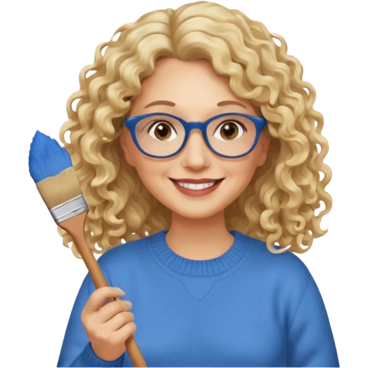 FEMME FRISÉ 60 ANS CHEVEUX BLON FRISÉ LONG SOURIANTE AVEC CHANDAIL BLEU,  YEUX BRUN ET UN PINCEAU À LA MAIN LA MAIN AVEC 5 DOIGT SEULEMENT ET LUNETTE emoji