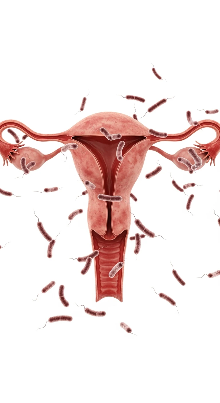 UTERO UMANO REALISTICO ANATOMICO CON BATTERI INTESTINALI CHE GLI FLUTTUANO INTORNO, ISOLATO SU SFONDO BIANCO emoji