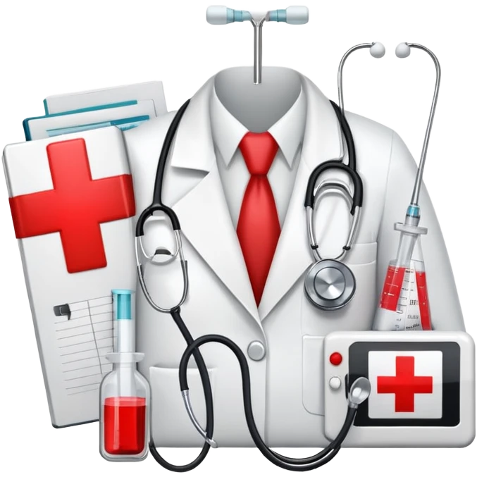 An icon featuring a red cross, stethoscope, syringe, and tonometer, symbolizing medicine. The design includes a white coat, medical book, heartbeat monitor, and pill, representing healthcare, diagnostics, and treatment. Transparent background highlights the science and practice of healing. emoji