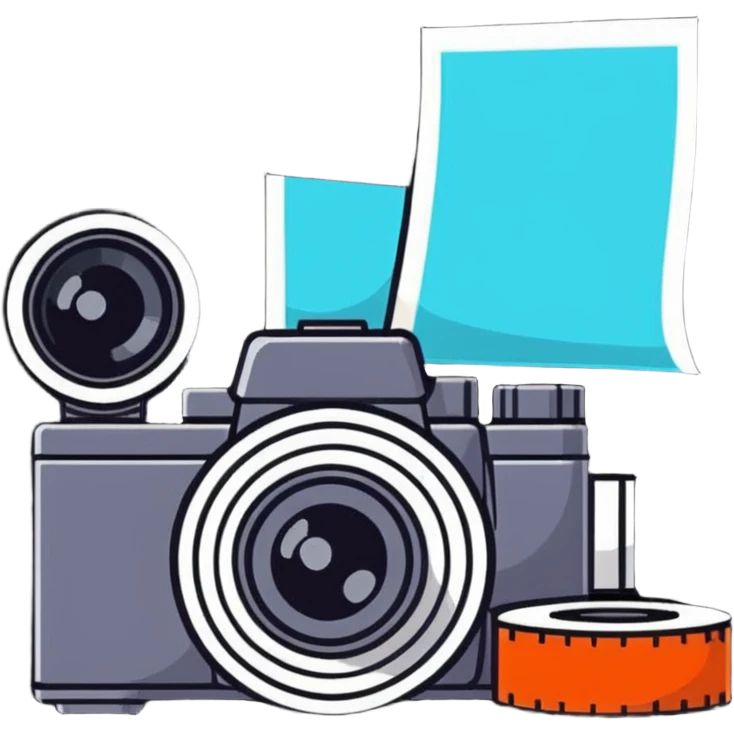 Film photography setup with camera, film rolls, and developed photos emoji