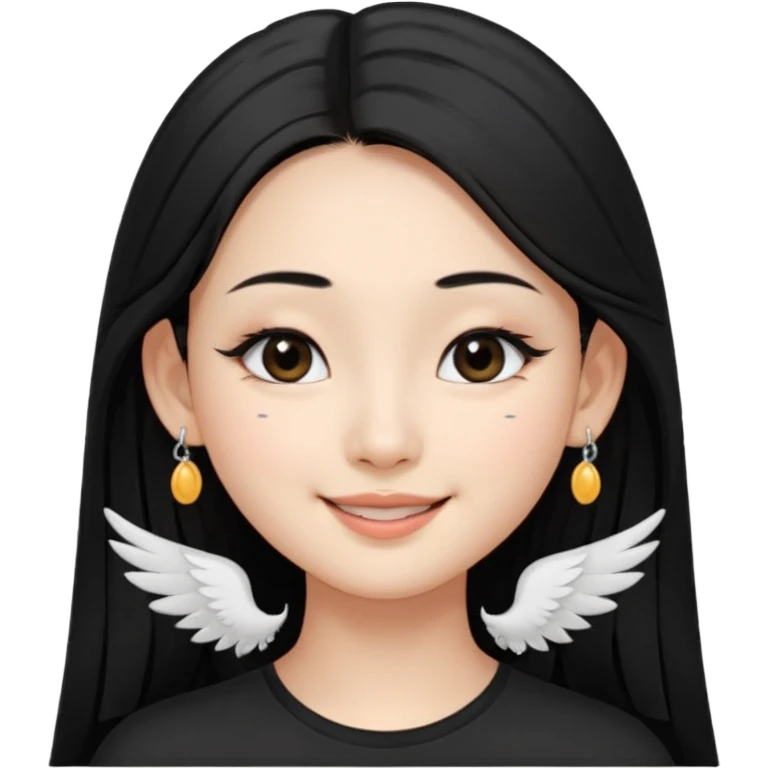 A Asian girl with fare skin and earrings, long straight black hair that is covering her checks with black eyes, smiling with a open wings eyeliner, mole near her nose of the right side emoji