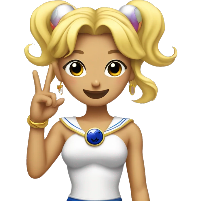Sailormoon posing with one eye closed, a smile and holding up the peace sign using two fingers emoji