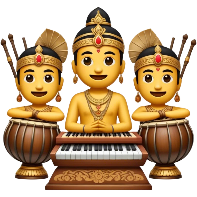Cinematic Realistic Gamelan Pop Culture Emoji, depicted with an ensemble of traditional Indonesian instruments rendered with rich textures and rhythmic, cultural lighting. emoji