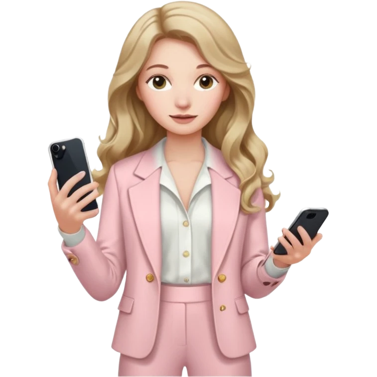 pale skin woman with dark blonde wavy long Hair, light pink Spacious classical jacket, light pink palazzo Arrow pants and white blouse holding white IPhone 15 pro in the hands emoji