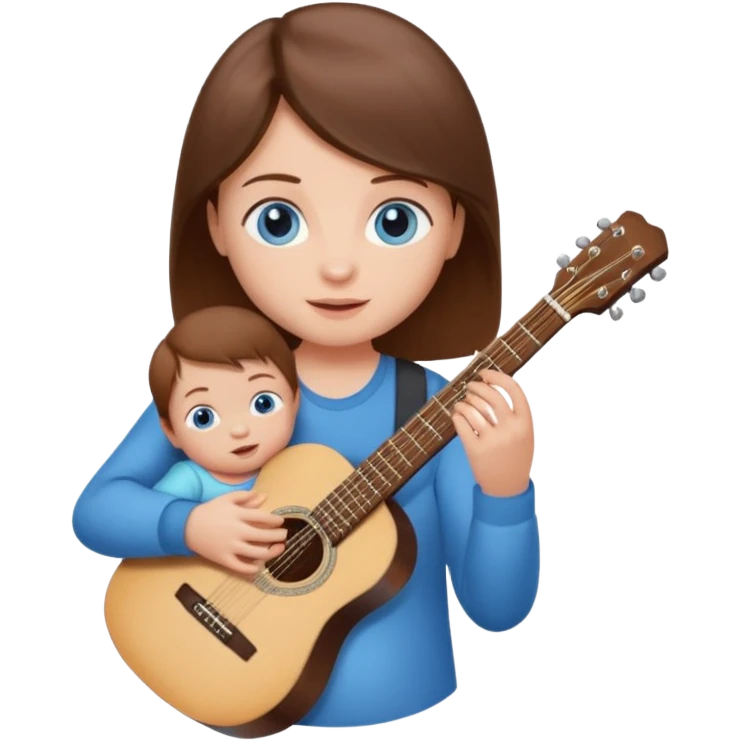 baby with brown hair and blue eyes, holding a guitar and a bottle emoji
