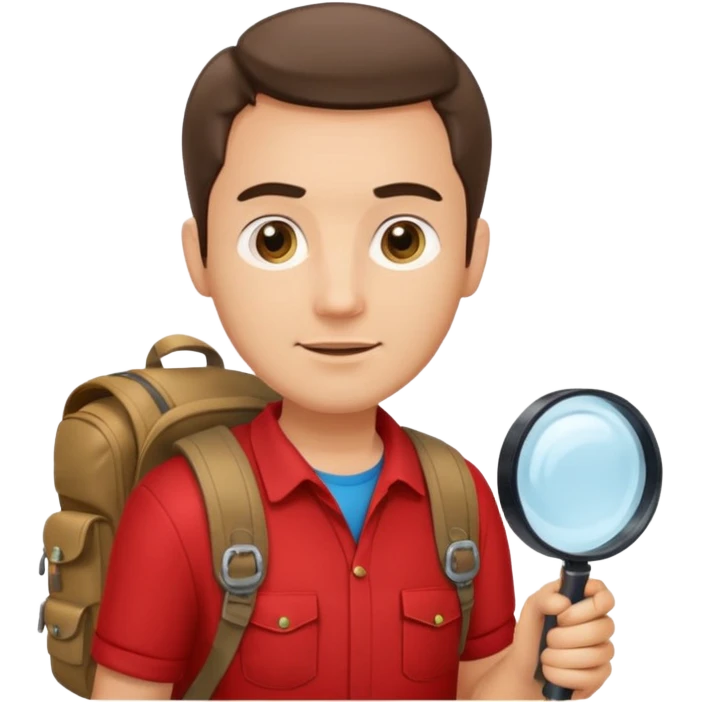 Explorer man with red shirt backpack and magnifying glass emoji