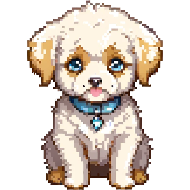 chibi cream Maltipoo puppy, pixel art emoji, big sparkling eyes, fluffy fur, sitting, pastel colors, simplified for emoji, 64x64 emoji
