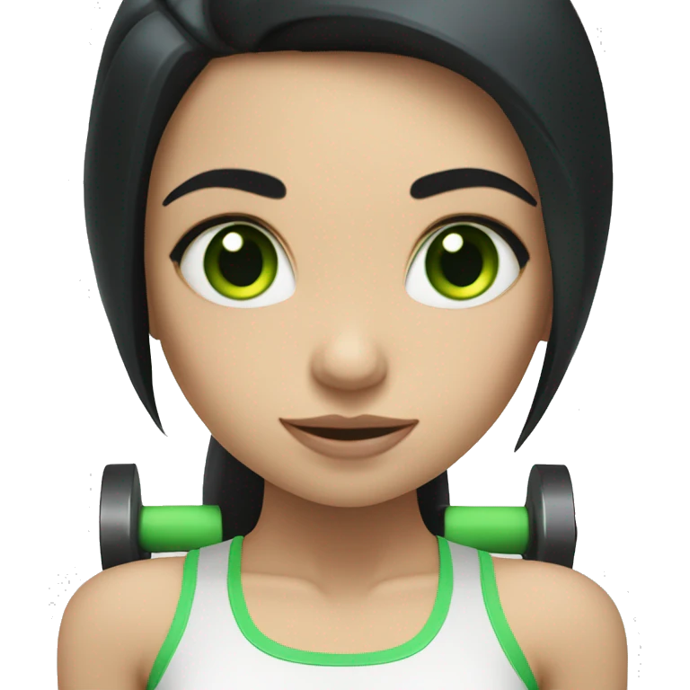 Pale girl with long black hair and green eyes lifting weights emoji