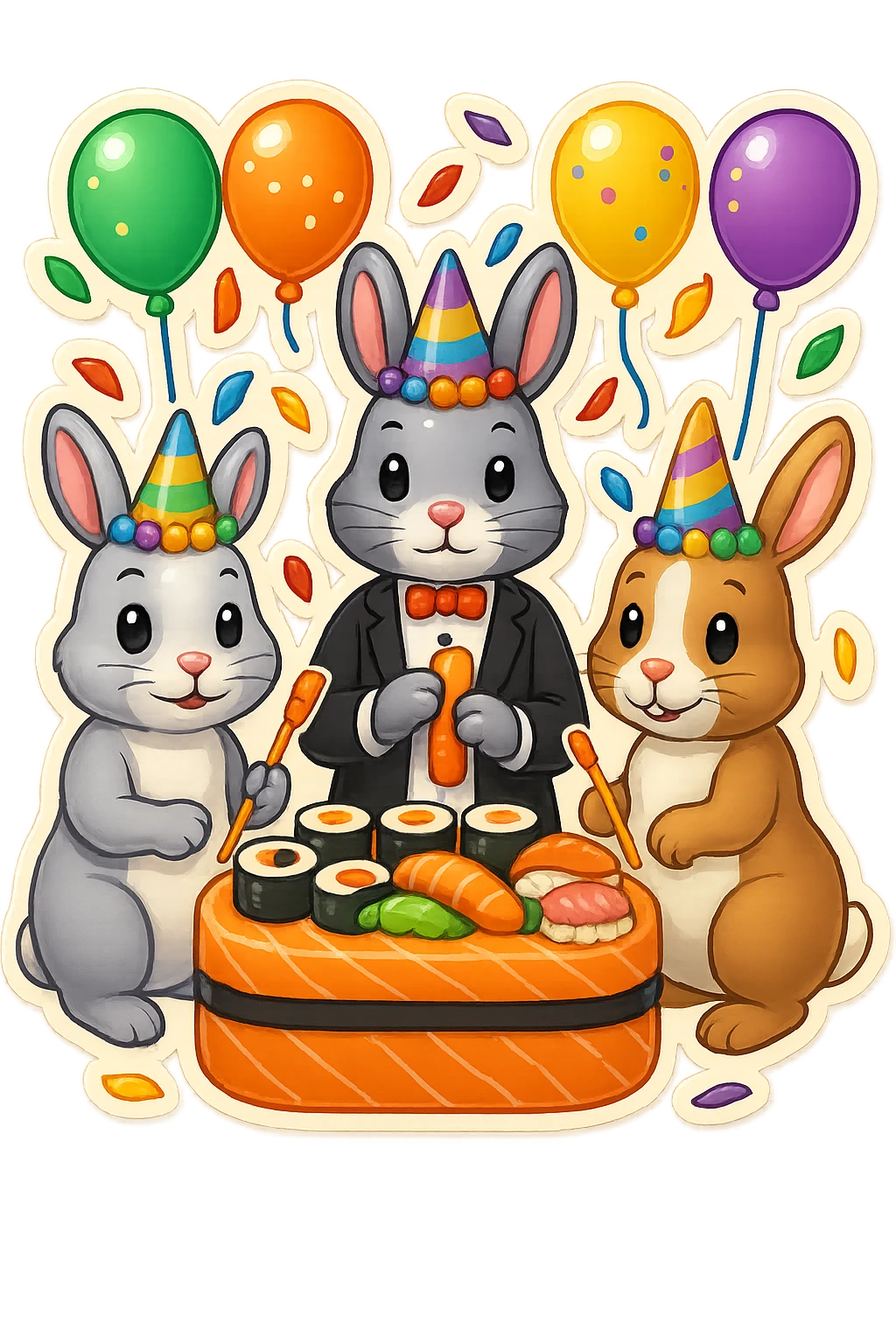 Add a fourth bunny so there are four bunnies together, all clearly visible, eating sushi at a birthday party, playful, festive emoji style, preserve the background transparency. emoji