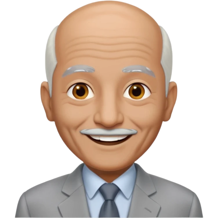 70 yr old man, almost bald, some white hair, pakistani, light grey business suit, big smile, darker skin, no moustache
 emoji