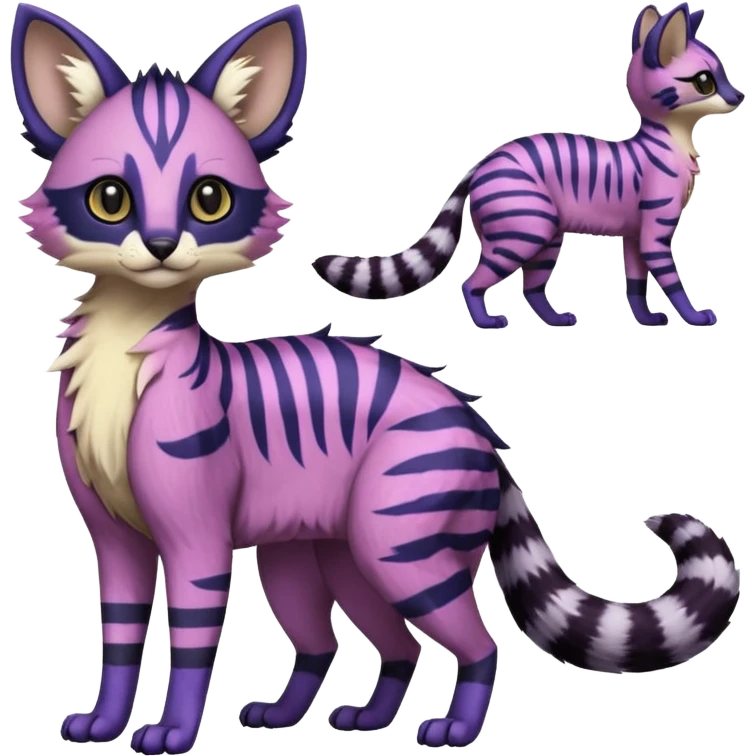 Indigo, purple, violet, pink, Civet-Genet-Possum-Serval-Caracal-Sergal-Trico-Numbat-Furret-fusion-Fakemon-hybrid-creature (full body) with long tufted ears and a striped tufted tail  emoji