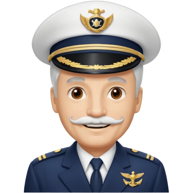A light-skinned mid-aged man with brown eyes and white mustache, smiling while wearing a white captain’s hat with a navy emblem. emoji