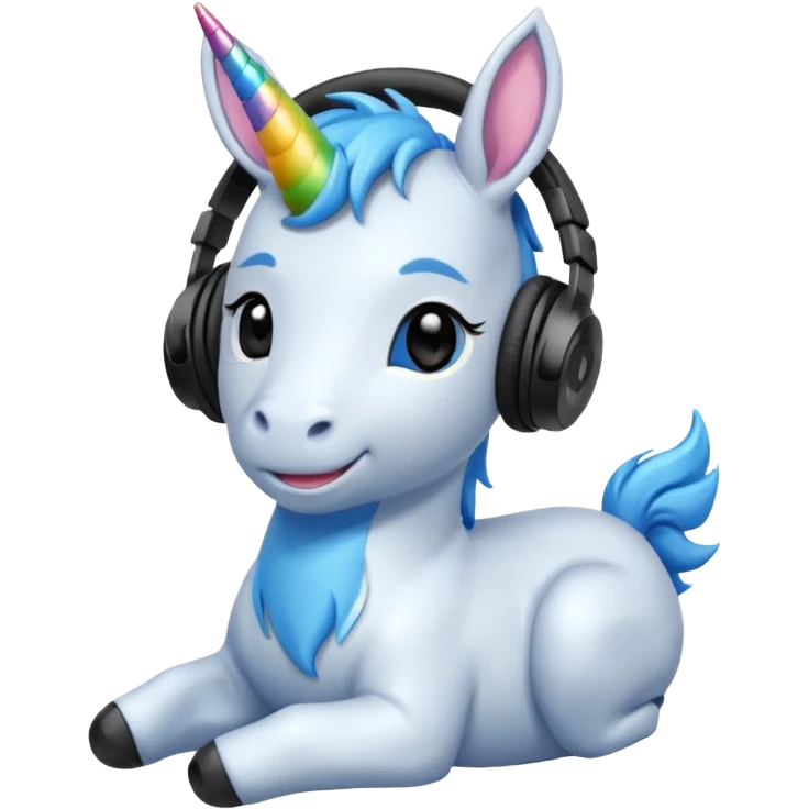 Unicornio bebé azul sentado escuchando música con auriculares negros emoji