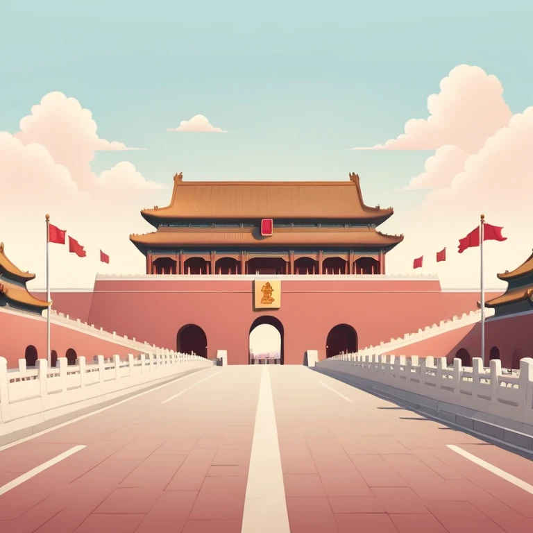 Tiananmen Square in Beijing with traditional Chinese architecture gate, sunny day, travel landmark illustration, soft pastel colors, gentle color palette, muted tones, not vibrant emoji