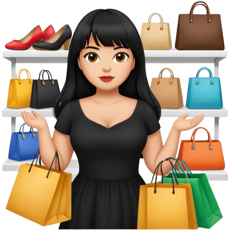Latina girl with bangs black long hair plus size black dress shopping emoji