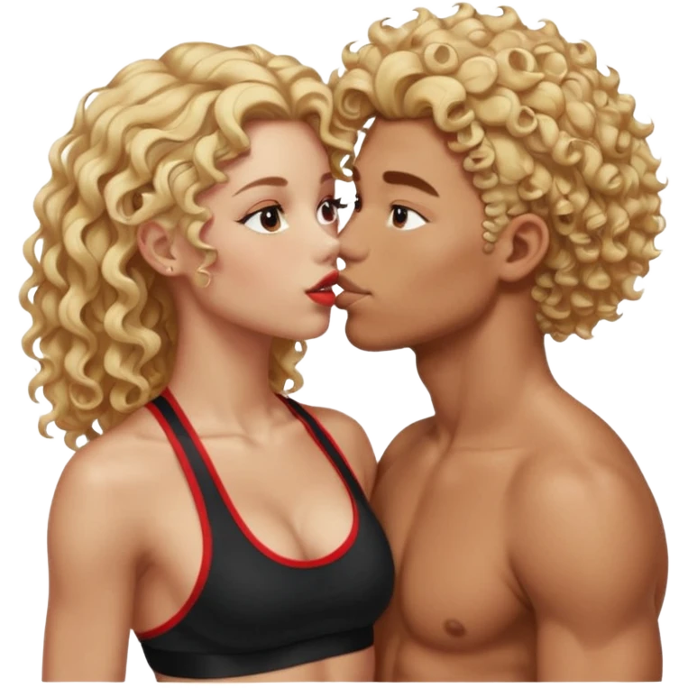 athletic man, high top fade, blonde curly hair only top only, no shirt and Athletic girl with long wavy red hair and black sports bra, Put them together kissing, or holding hands emoji