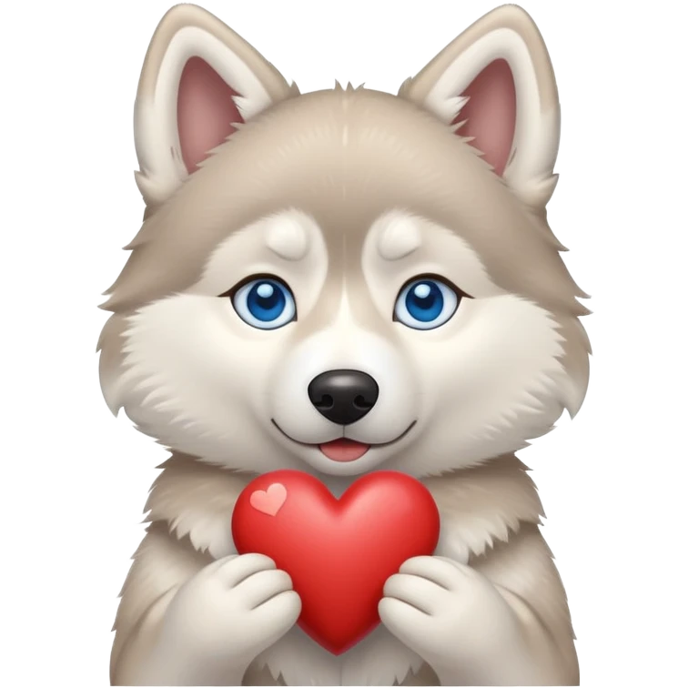 Beige husky with blue eyes holding a big heart emoji