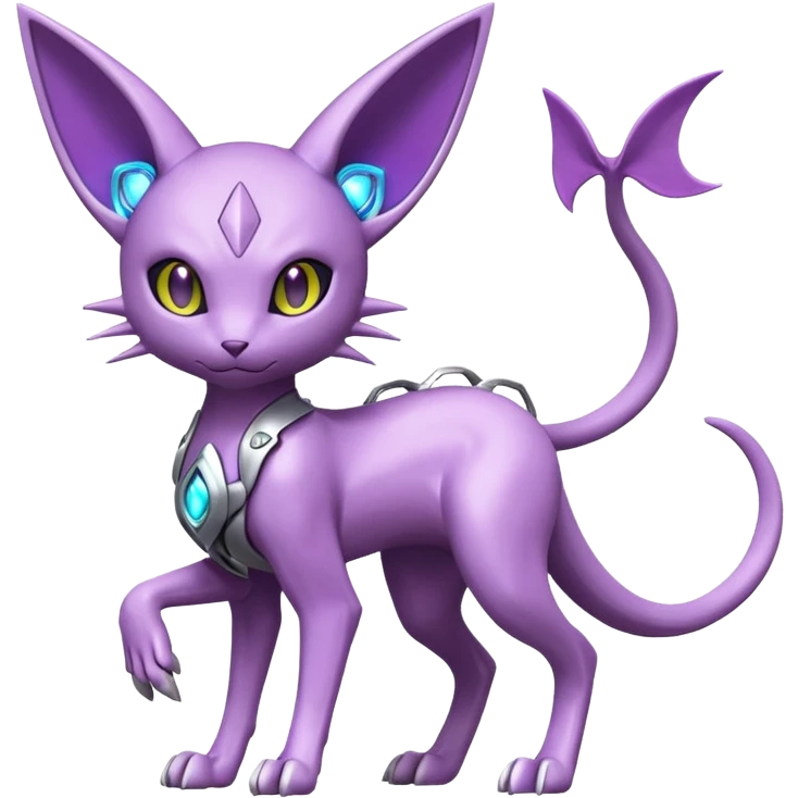 Mechanical Miraidon-Espeon-Mewtwo-Fakémon-hybrid-creature (full body) with glowing eyes  emoji
