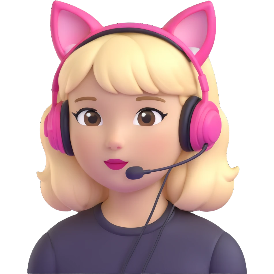 sassy blond girl with short bangs and pink kitty-ear headset emoji