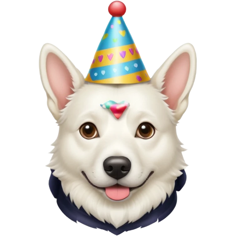 A White belgian dog wearing a party hat.   emoji