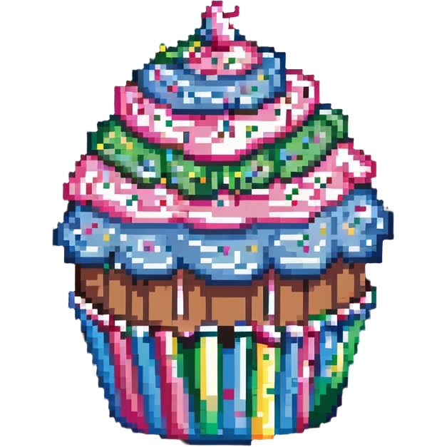 giant cupcake with pink icing and colorful sprinkles, striped cupcake wrapper, pixel art style emoji