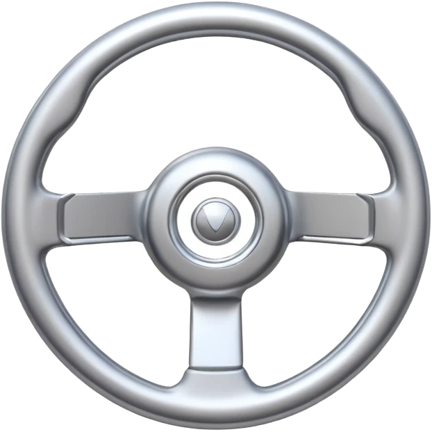 A futuristic steering wheel emoji made of silver chrome, minimal geometric design, smooth metallic surface, soft reflections, iOS emoji style, centered, clean white background emoji