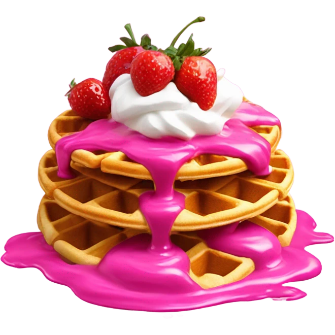 waffles with hot pink syrup garnished with strawberries and pink whip cream    emoji