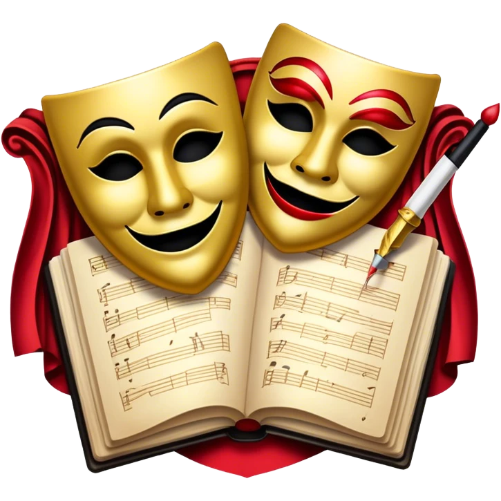 Create a bold and dramatic emoji representing the art of playwriting. The design should feature an open script or a theater playbook, with stylized text lines or dramatic dialogue inside. Include elements like a theatrical comedy and tragedy masks, a stage spotlight, or a writting quill to symbolize creativity and performance. Use deep, contrasting colors like red, black, and gold to evoke the intensity and passion of drama. The overall design should feel dramatic, inspiring, and artistic. Make the background transparent. emoji