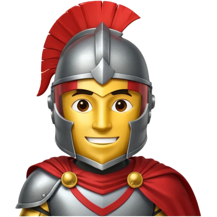 A friendly Trojan warrior mascot with a large cartoon-style head, wearing a silver helmet with a red crest and black cheek guards.  confident smile. The character wears dark armor with metallic details and a bright yellow cape.  emoji