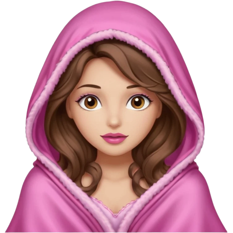 girl with long wavy brown hair, brown eyes, long lashes makeup, sexy pink lips, light to medium complexion, wearing a pink sexy silk top, big blanket over the head cozy  emoji
