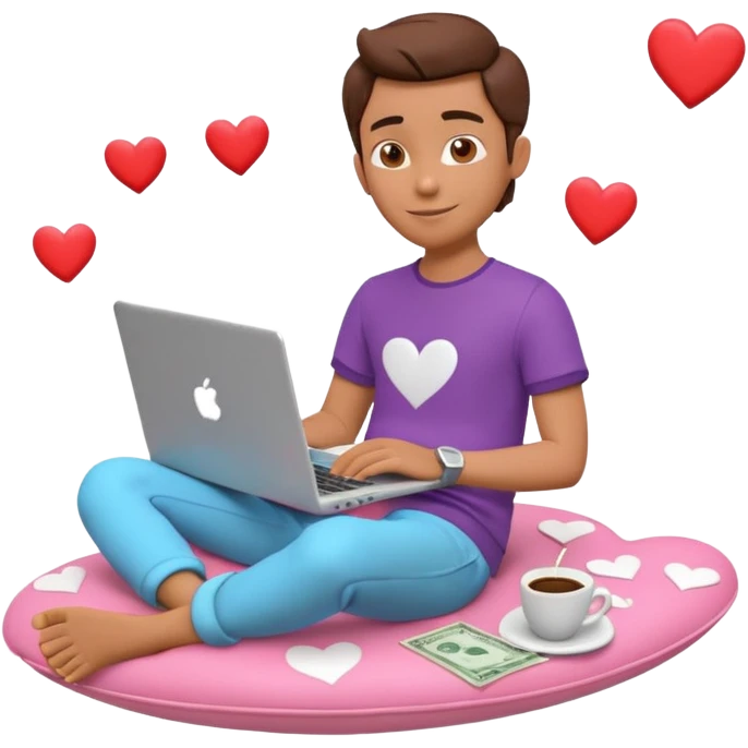 3D clay character relaxed with laptop and coffee, floating icons (hearts + dollars), colofrful modern outfit, white laptop, Pixar style, transparent background emoji