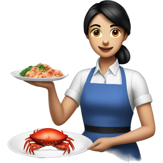 waiter girl with black hair with fair skin in a blue apron holds crab in a plate emoji