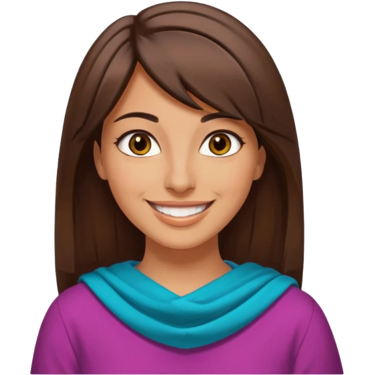 30 yr old middle eastern woman straight brown hair side bangs big smile tanned skin brown eyes colorful clothes emoji