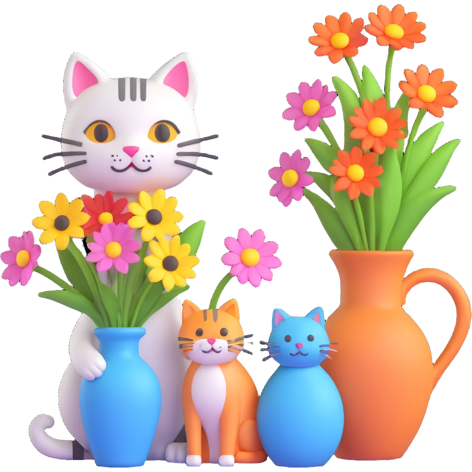 A 3D delightful cat beside a vase of vibrant flowers, with the text "Have a Beautiful Day" in the style of the reference image. The image should exude a sense of calm and beauty. emoji