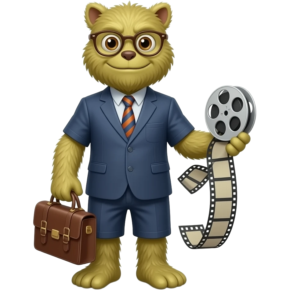 a product hero – librarian of collection of a long-lost movie collection, furry monster similar to monsters and company, but with analog fillm roll as a prop emoji