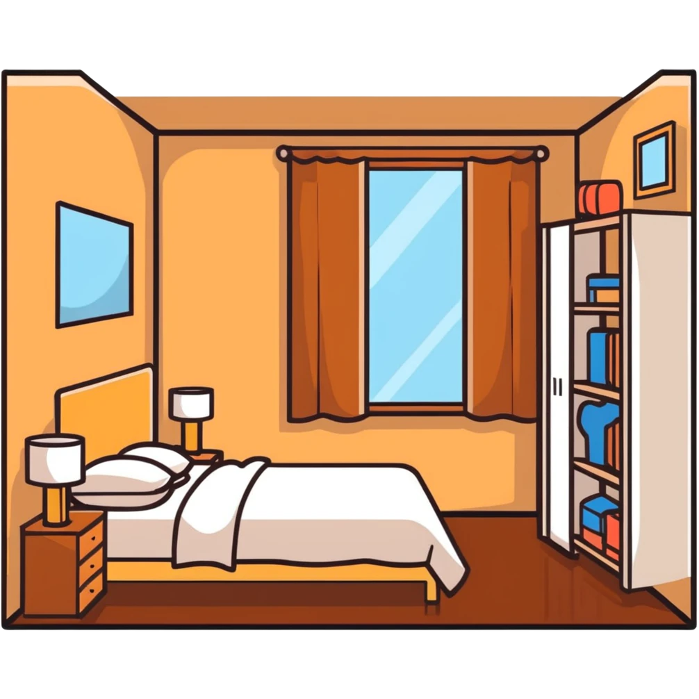 cute bedroom with cream colored walls, wooden bed frame, wooden shelves, fluffy rug, plants emoji