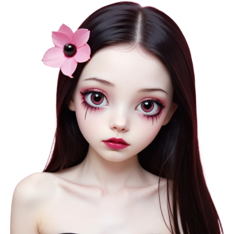 girl with white skin, dark brown long realistic straight hair with middle part prominently falling in front of her body over her shoulders, lips with reddish-pink shiny lip gloss and absolutely no cupid's bow, simple big round eyes with very black shiny eyeballs with no makeup at all, completely bare natural eyes, no colored eyelids, no eyeshadow, no eyeliner, natural eyelashes, light pink blush on cheeks, lighter button nose, exceptionally elongated very long oval-shaped face, wearing a pink off-shoulder top, looking directly at camera with hands down at sides emoji