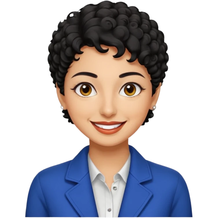 30 year old iranian woman very short curly black hair, big brown eyes, tanned skin, big smile, white teeth, pretty, stylish, shorter hair, boy cut hair, nice clothes emoji