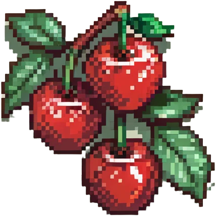Pixel art of two red cherries on a brown branch with green leaves emoji