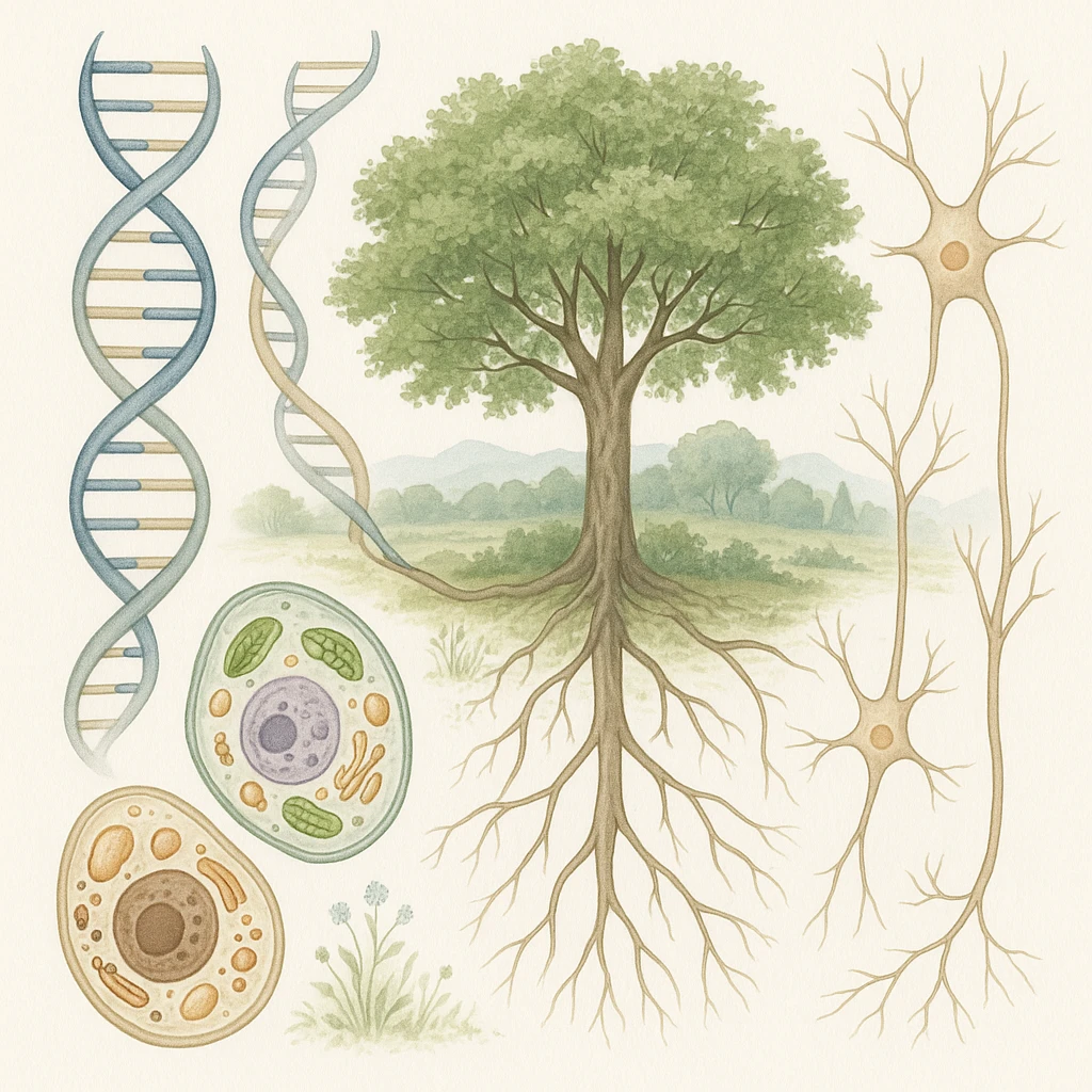 A realistic biological illustration (like in a school book) showing: DNA strands transitioning into a tree, cells with visible organelles, neurons connected to plant roots  and a balanced ecosystem background . Seamless integration, no labels or borders. Scientific color scheme, detailed but minimalist. please white background emoji
