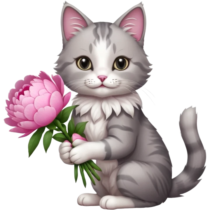 Cute cat Handing pink peonies like reaching a hand and handing them out a bouquet of them not a physical hand the cats hand  make the cat fluffy and grey and white fluffier make the cat wear a pink coquette make her wear a pink coquette make the peonies open and in boquette emoji